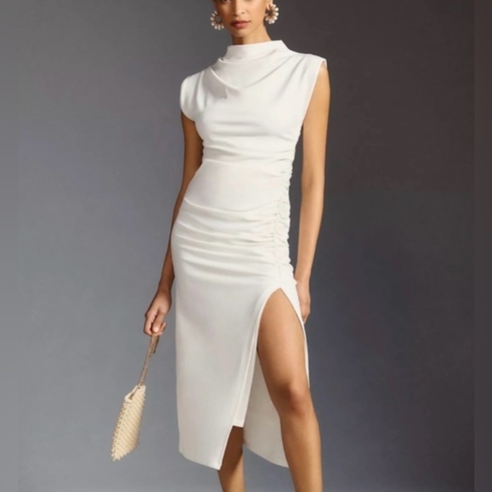 Anthropologie Ruched Cowl-Neck White Midi Dress Size Small